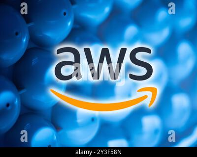 SAN FRANCISCO - March 22, 2024: Amazon Web Services AWS logo on abstract blue 3d background Stock Photo