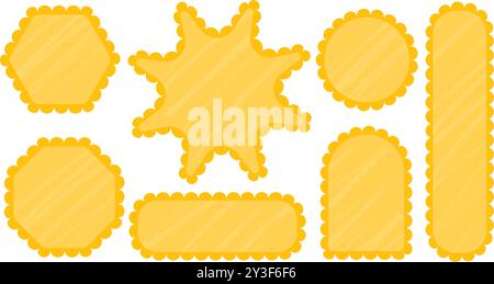 Set of scallop edge frames. Yellow shapes textured charcoal chalk on white. Zigzag wavy forms Square, rectangle, circle, oval border Decorative Stock Vector