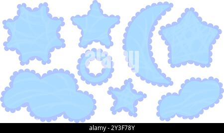 Set of scallop edge frames. Blue shapes textured charcoal chalk on white. Zigzag wavy forms Square, rectangle, circle, oval border Decorative Stock Vector