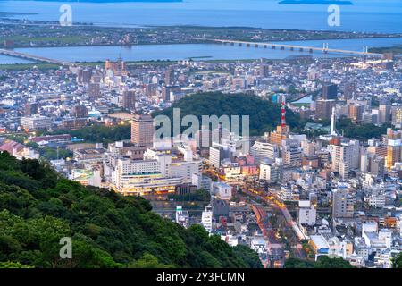 Tokushima, Japan downtown city skyline at blue hour from the mountains. Stock Photo