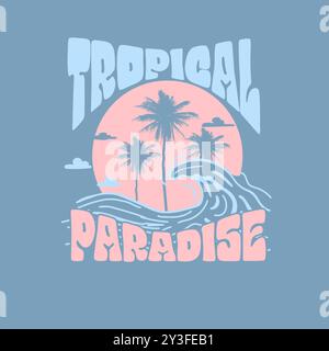 Tropical Paradise ocean waves sunset palm tree graphic tee Stock Vector