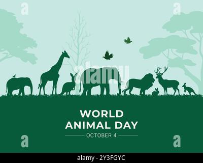 World Animal Day background, wildlife silhouette with giraffe, elephant, lion, deer, kangaroo, etc. suitable for greetings, banner, poster, template Stock Vector