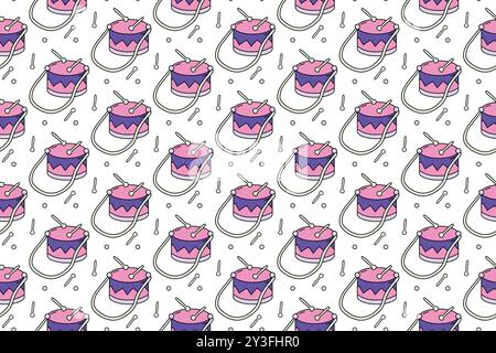 Seamless pattern with drums and drum sticks on White background. Flat vector illustration. Cartoon Music Equipment Template for Print, Textile, Fabric Stock Vector