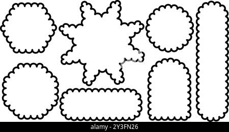 Set of scallop edge frames shapes isolated on white background. Zigzag wavy forms. Square, rectangle, circle, oval border. Decorative collection Stock Vector