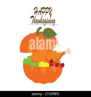Thanksgiving theme illustration with roast turkey, pumpkin, autumn leaves and pilgrim hat, perfect for a variety of festive products. Stock Vector