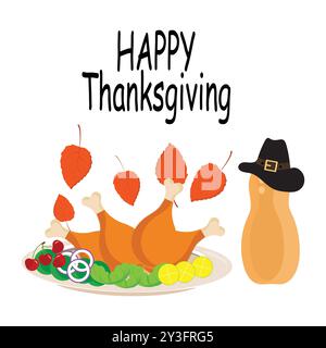 Thanksgiving theme illustration with roast turkey, pumpkin, autumn leaves and pilgrim hat, perfect for a variety of festive products. Stock Vector