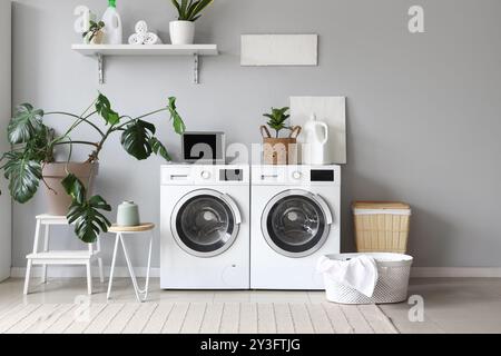 Interior of laundry room with washing machines and houseplants Stock Photo