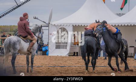 The mounted athletes are wrestling in Audaryspak competition, a traditional horse rider fight, during the World Nomad Games in Astana, Kazakhstan. Stock Photo
