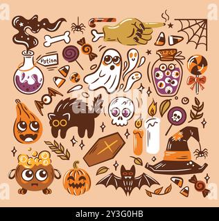 A vibrant and colorful Halloweenthemed graphic collection featuring a variety of ghosts, bats, potions, and much more Stock Vector