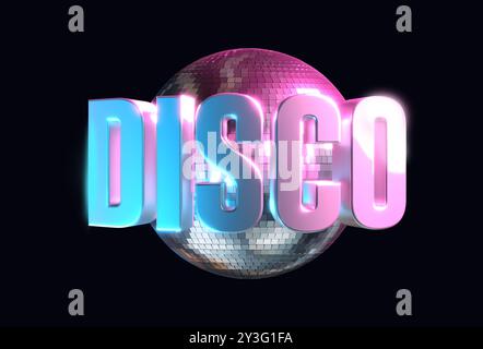 logo disco with silver text in front of a mirror ball - 3D rendering - black background Stock Photo