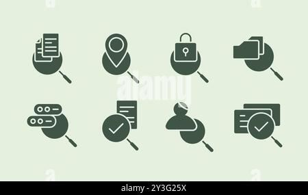 Service and document search and management presentation solid icon illustration set design Stock Vector