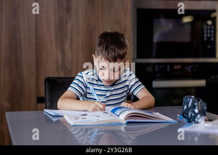 Boy is doing his homework in the kitchen. Stock Photo