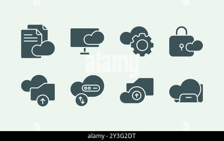 Cloud file management and service presentation solid icon illustration set design Stock Vector