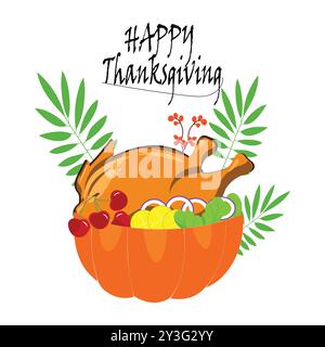 Thanksgiving theme illustration with roast turkey, pumpkin, autumn leaves and pilgrim hat, perfect for a variety of festive products. Stock Vector