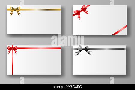 Four gift cards with bows in gold, red, and black on a gray background. Each card features a bow and ribbon, creating a festive and elegant appearance Stock Vector