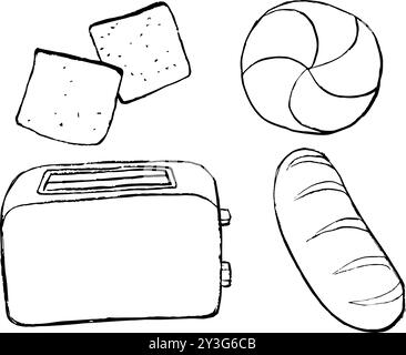 hand drawn illustration of toaster and breads, doodles of bread Stock Vector