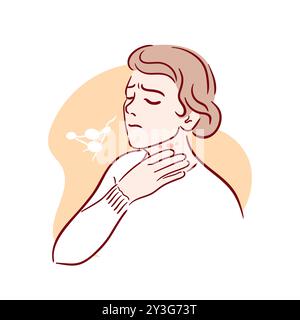 Lymphadenitis. Swollen lymph nodes. A woman holds her hand on her sore throat. Irritation, soreness. Symptoms of influenza, leukemia, toxoplasmosis. M Stock Vector