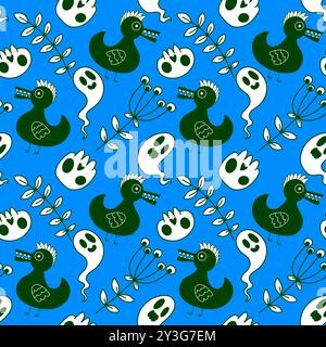 Halloween animals seamless skulls and ducks pattern for wrapping paper and fabrics and linens and kids clothes print and autumn party accessories. Hig Stock Photo
