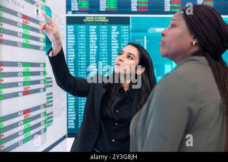 Diverse team of employees examine infographics on a big screen to evaluate supply and demand, ways of increasing organizational budget and develop the business internationally. Stock Photo