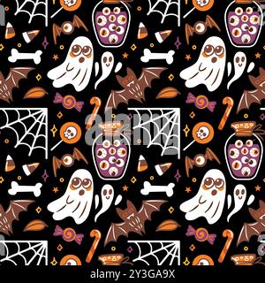 A delightful and playful Halloweenthemed pattern that features whimsical ghosts, bats, and festive treats galore Stock Vector