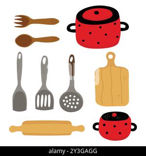 Kitchen utensil set illustration featuring spoons, spatulas, pots, cutting board, and rolling pin Stock Vector