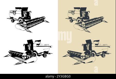 Stylized vector illustrations of a combine harvester Stock Vector