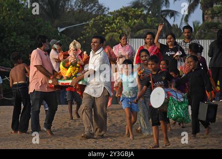 Mumbai, India. 13th Sep, 2024. A volunteer carries an idol of elephant-headed Hindu god Ganesh for immersion in Arabian sea during the Ganesh Chaturthi festival. Devotees pray to the elephant-headed Hindu god Ganesh who is believed to be the god of wisdom, prosperity and remover of obstacles before bidding him a goodbye and immersing the idol in the free flowing water bodies like lake, river or the sea. (Photo by Ashish Vaishnav/SOPA Images/Sipa USA) Credit: Sipa USA/Alamy Live News Stock Photo