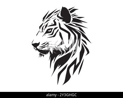 Black Silhouette of a Tiger Head on a White Background. Concept of Wild Animal Illustration, Fearless Predator, Minimalist Style, Bold Design Element. Stock Vector
