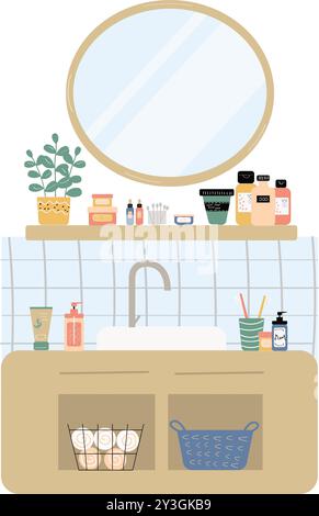 Modern bathroom interior with mirror, sink table, shelves. Vector illustration, flat style. Stock Vector