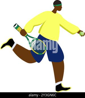 Tennis player runs with a racket and a tennis ball in flat style. Vector illustration Stock Vector