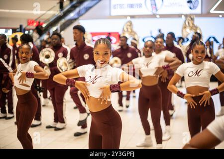 East Rutherford, New Jersey, USA. 13th Sep, 2024. Morehouse College House of Funk Marching Band performs at The American Mall the arrival the Howard University Marching Band Show-time for the battle of the Bands at the mall during a pep rally before the main event between the two football teams at Met-Life Stadium in East Rutherford, NJ. The Saturday afternoon game of the HBCUNY features the Morehouse College Tigers (Atlanta, GA) against the Howard University Bison (Washington, DC). The Bison are favorite to win as they took second places in last year's MEAC SWAC Cricket Celebration Bowl Stock Photo