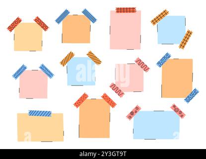 Note papers set. Vector illustrations of blank colorful sticky notes with adhesive tapes. Memo stickers, to do reminders. Isolated elements, education Stock Vector