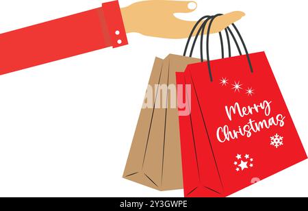 Hand holding shopping bags with Christmas decoration on a white background with copy space Stock Vector