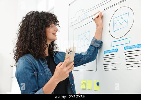 Developing UI design. Woman drawing website wireframe on whiteboard indoors Stock Photo