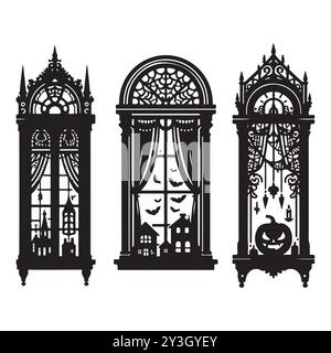 Set of Halloween window silhouettes isolated on a white background, Vector illustration. Stock Vector