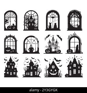 Set of Halloween window silhouettes isolated on a white background, Vector illustration. Stock Vector