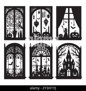 Set of Halloween window silhouettes isolated on a white background, Vector illustration. Stock Vector