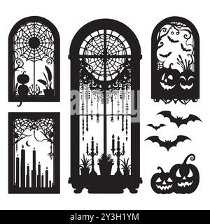 Set of Halloween window silhouettes isolated on a white background, Vector illustration. Stock Vector