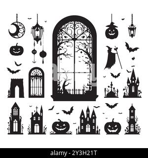 Set of Halloween window silhouettes isolated on a white background, Vector illustration. Stock Vector