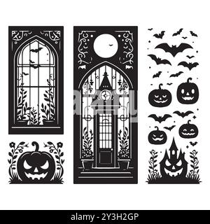 Set of Halloween window silhouettes isolated on a white background, Vector illustration. Stock Vector