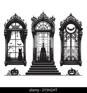 Set of Halloween window silhouettes isolated on a white background, Vector illustration. Stock Vector