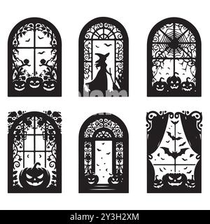 Set of Halloween window silhouettes isolated on a white background, Vector illustration. Stock Vector