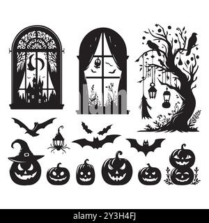 Set of Halloween window silhouettes isolated on a white background, Vector illustration. Stock Vector