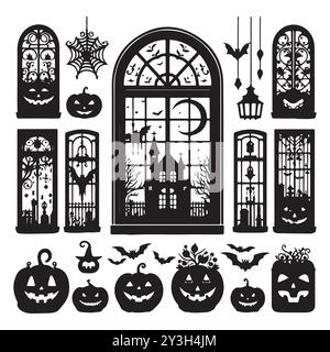 Set of Halloween window silhouettes isolated on a white background, Vector illustration. Stock Vector