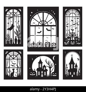 Set of Halloween window silhouettes isolated on a white background, Vector illustration. Stock Vector