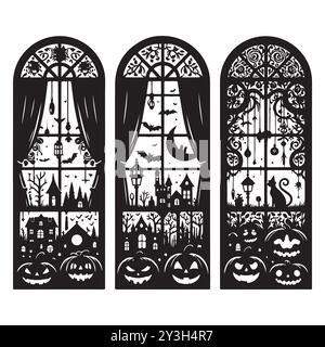 Set of Halloween window silhouettes isolated on a white background, Vector illustration. Stock Vector