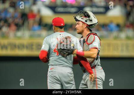 Minneapolis, Minnesota, USA. 13th Sep, 2024. Cincinnati Reds relief pitcher ALEXIS DIAZ (43) and Cincinnati Reds catcher TYLER STEPHENSON (37) celebrate the win during a MLB baseball game between the Minnesota Twins and the Cincinnati Reds at Target Field. The Reds won 8-4. (Credit Image: © Steven Garcia/ZUMA Press Wire) EDITORIAL USAGE ONLY! Not for Commercial USAGE! Stock Photo