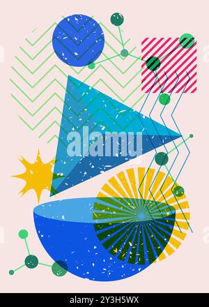 Colorful geometric shapes. Object in trendy riso graph design. Geometry elements abstract risograph print texture style. Stock Vector