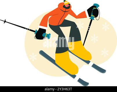 Skiing Vector Illustration featuring Skiers Sliding Down a Mountain at a Ski Resort in Flat Winter Sports Activities Style Cartoon Background Stock Vector