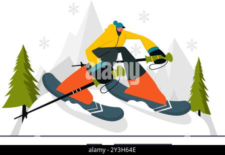 Skiing Vector Illustration featuring Skiers Sliding Down a Mountain at a Ski Resort in Flat Winter Sports Activities Style Cartoon Background Stock Vector